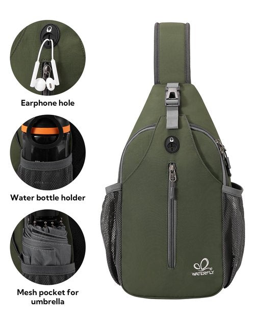 WATERFLY Crossbody Sling Backpack Sling Bag Travel Hiking Chest Bags Daypack (Dark Green)