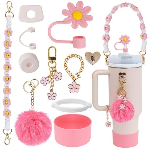 MASTRON Stanley Cup Accessories - Including 11PCS Silicone Straw Cover, Handle Strap, Silicone Boot, Spill Stopper, Leak Stopper, Flower Charms for 40/30oz Stanley Tumbler - Pink