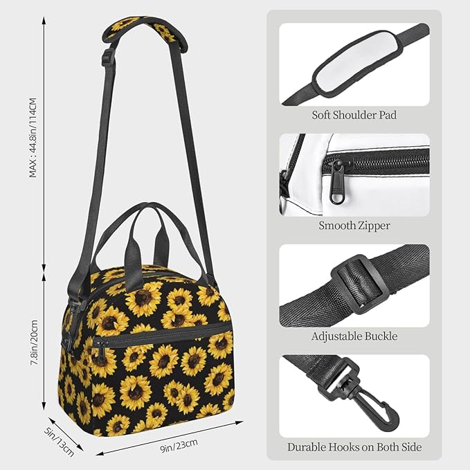 bassyil Classic Sunflower Lunch Box Reusable Insulated Totes Lunch Bag Thermal Cooler Adjustable Shoulder Strap Bag For Men Women