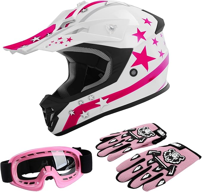 TCT-MOTORPARTS DOT Four Wheeler Girls Riding Helmet Youth Kids Motocross ATV Helmets Offroad Street Dirt Bike Go-Kart BMX MX Full Face Helmet Pink Star Large Size
