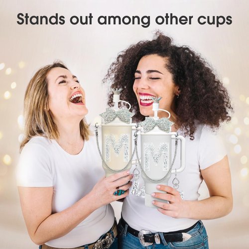 8Pcs Silvery Stanley Cup Accessories Set for Stanley Cup 30&40 Oz Tumbler - Silicone Straw Cover Cap and Boot, Handle Letter Charm, Bow Decoration Initial Sticker, Diamond Water Bottle Handle Strap(M)