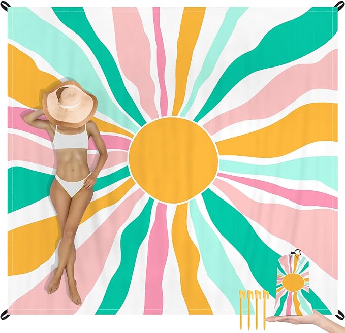 Beach Blanket Waterproof Sandproof, Large Picnic Blankets with Stakes and Storage Bag, Lightweight Quick Drying, Compact Beach Mat Vacation Essentials for Outdoors, Camping, Trips-Spring Sunshine