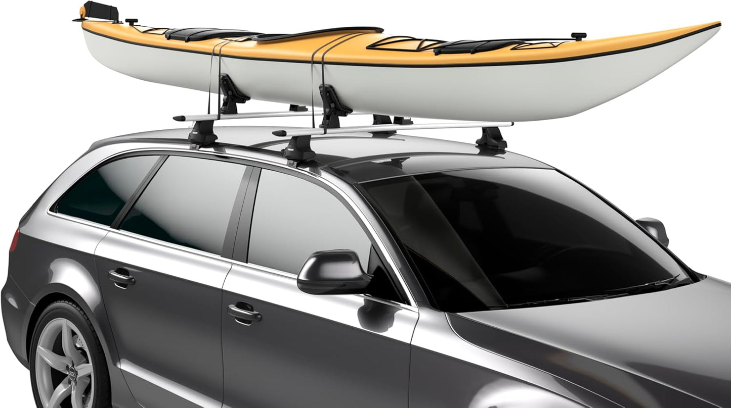 Thule DockGrip - Carries up to 36" wide kayaks and SUPs - Fits all hull shapes - Fits most roof rack cross bars - Kayak roof rack - Stand up paddleboard compatible - 85lb weight capacity