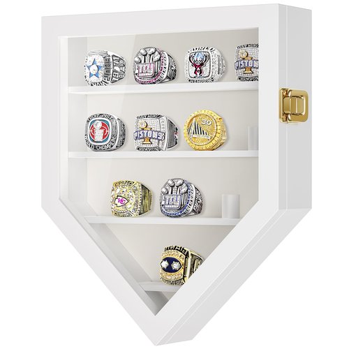 TJ.MOREE Championship Ring Display Case, 12 Ring Posts Baseball Ring Display Case, Wall Mount Wooden Glass Shadow Box with Locks to Show Sport, Class, Fraternity, and Award Rings - White