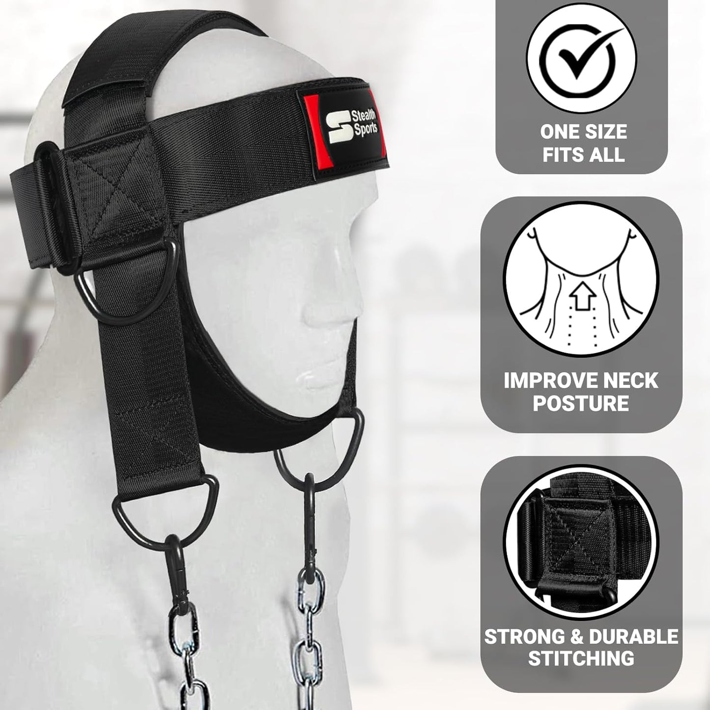 Neck Harness with 88cm Adjustable Chain - 360 Degree Thick Neoprene Padded Chin & Head Straps Neck Exerciser for Weight Training & Neck Workout Head Harness for Weight Lifting