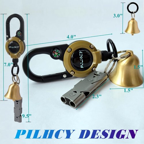 PILHCY Loud Bear Bell with Whistle Set for Hikers, 3 in 1 Bear Bell with EDC Multifunction Retractable Keychain and Emergency Whistle for Survival, Hiking, Camping, Climbing