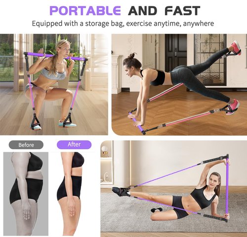 Pilates Bar Kit with Resistance Bands,Qicool Multifunctional Pilates Bar Exercise Equipment for Women, Home Gym Yoga,Resistance Bands Full Body Workout Equipment Purple (30lbs/40lbs)