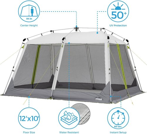 CORE 12'x10' Instant Screen House | Folding and Portable Large Pop Up Canopy Shelter with Included Carry Bag | Perfect for Family Camping, Outdoor, Picnic, Backyards, BBQ, Tailgate, Patio and Party