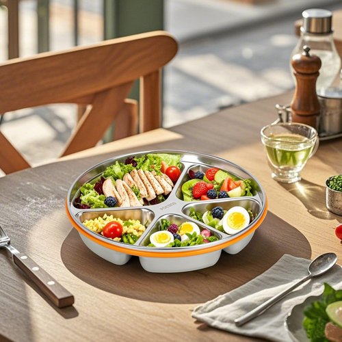 OUTFANDIA Stainless Steel Portion Control Plate with Lids, Divided Plates for Adults, 10.6in Deep Divided Lunch Boxes with Secure Locking Plastic Lids, Reusable Camping Serving Dinner Plates