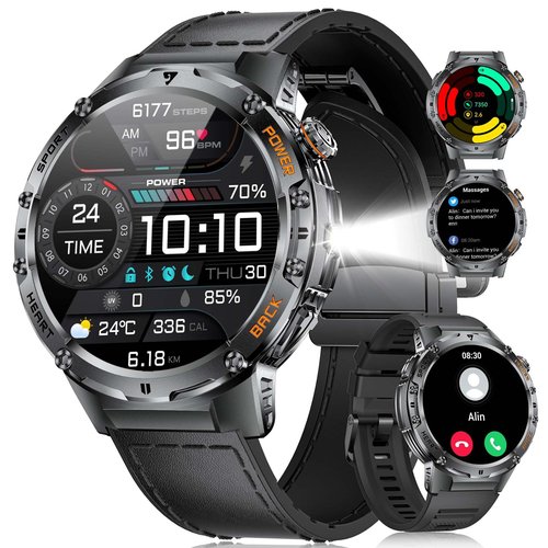 HIRREO Smart Watch for Men(Answer/Make Calls), 100+ Sport Modes Fitness Tracker, Flashlight/1.43'' AMOLED/Heart Rate/Sleep Monitor, 5ATM Waterproof Rugged Smart Watches Compatible Android iOS