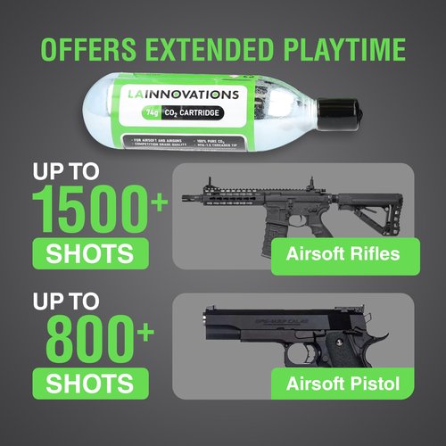 LA Innovations 74g CO2 Cartridges for Airsoft Guns and BB Guns - 74 Gram CO2 Cartridges with Protective End Cap, CO2 Airsoft Rifles Up to 1500+ Shots, CO2 Airsoft Pistol Up to 800+ Shots, 4 Pack