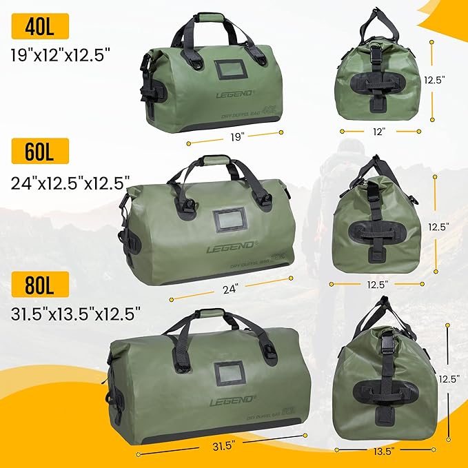 LEGEND Waterproof Duffel Bag - Heavy Duty Duffle Bag for Outdoor, Camping, Boating & Travel, Premium PVC Dry Duffel Bag, Motorcycle Dry Bag with Durable Strap & Handles with Large Storage - 60L Green
