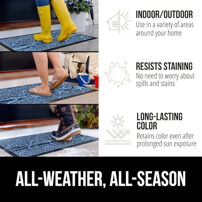 GORILLA GRIP 100% Waterproof All-Season WeatherMax Doormat, Durable Natural Rubber, Stain and Fade Resistant, Low Profile, Indoor Outdoor Door Mats, Easy Clean Entrance Mat, 17x29, Ocean Blue Waves