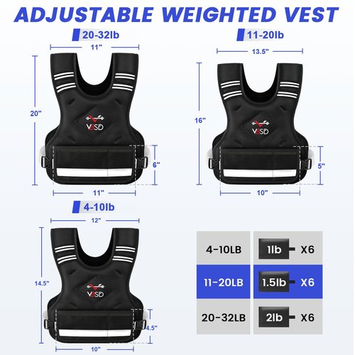 VBSD Adjustable Weighted Vest for Women Men 11-20lb Vest with 6 Ironsand Weights Body Weight Vest with Reflective Strip for Running Walking Strength Training Workouts