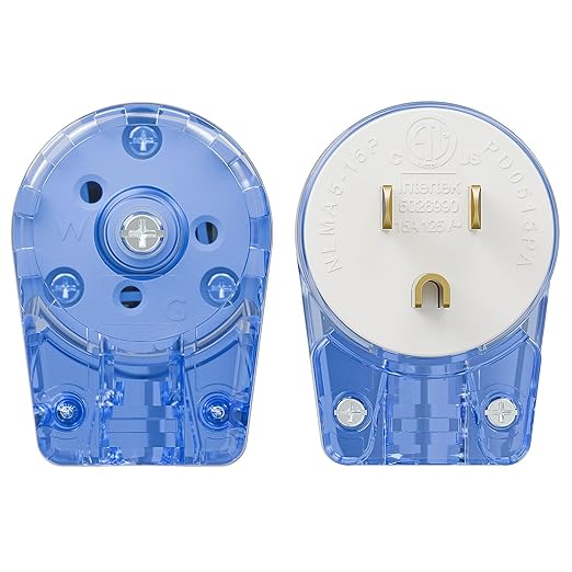 Nema 5-15P 90 Degree Right Angle Plug - 10 Pack, 15A 125V, Transparent Blue, ETL Verified