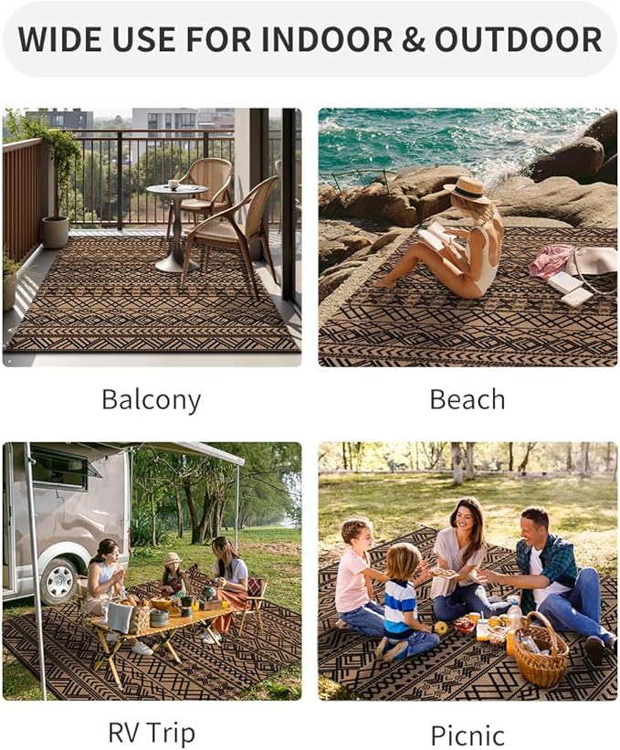 MontVoo Outdoor Rug Carpet Waterproof 6x9 Outdoor Patio Rug Mat Reverisble Plastic Straw Outdoor Rug for RV Camping Picnic Beach Balcony Boho Black Brown