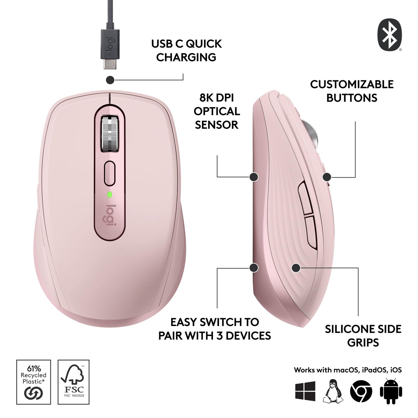 Logitech MX Anywhere 3S Compact Wireless Mouse, Fast Scrolling, 8K DPI Any-Surface Tracking, Quiet Clicks, Programmable Buttons, USB C, Bluetooth, Windows PC, Linux, Chrome, Mac - Rose