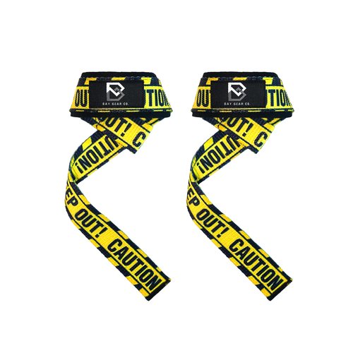BAY GEAR CO. Wrist Straps for Weightlifting - 1 Pair Cotton Lifting Straps with Neoprene Padding, Comfortable Gym Essentials for Enhanced Grip Strength - Unique Printed Caution Design
