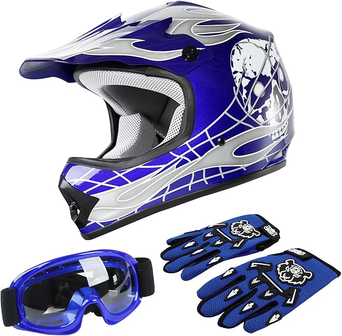 TCT-MOTORPARTS DOT Youth Kids Motocross ATV Helmets Offroad Street Dirt Bike Go-Kart BMX MX Full Face Helmet Blue Skull X-Large Size