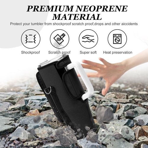 PRAGATISM Water Bottle Carrier Bag with Phone Pocket for Stanley Cup 40 oz,Water Bottle Holder Pouch with 4.9FT Adjustable Strap for Stanley Cup Accessories(Black)