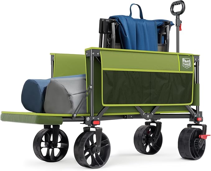 Timber Ridge 47" L Collapsible Wagon with Tailgate & Brake, 300lbs Heavy Duty Beach Wagon with All-Terrain Big Wheels, 250L Foldable Utility Cart for Sand Camping Sports Shopping, Green