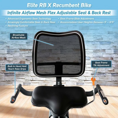 Elite RB X Recumbent Exercise Bike - FreeSync FTMS Bluetooth Smart App Connectivity - Compact 49" (L) - Oversized Soft 4-Way Adj. Seat - 350 lb Cap. - Low Step-Thru Design - Commercial Grade