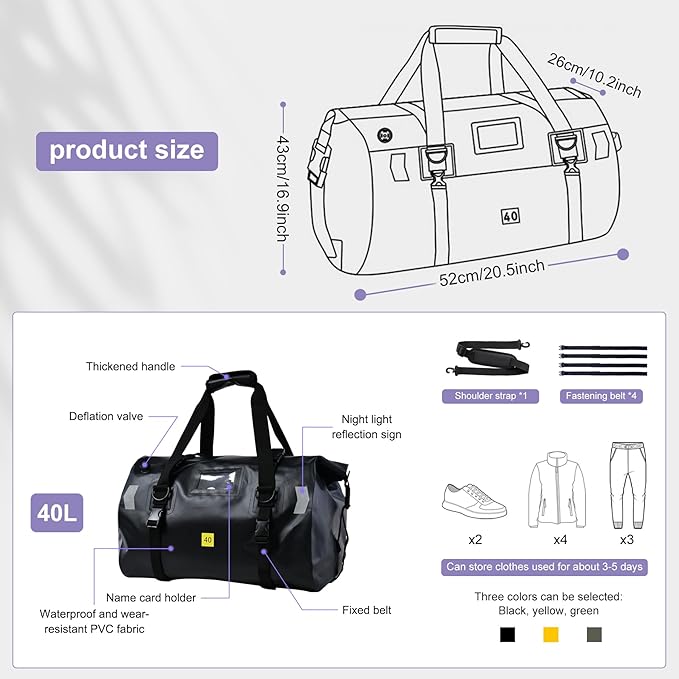 Waterproof Duffel Bag，Roll-Top Heavy Duty Dry Duffle Bag，Motorcycle Dry Bag，with Quick-fixed Straps，with Large Storage Space, Perfect for Traveling, Camping, Kayaking, Fishing & Canoeing (black, 40L)