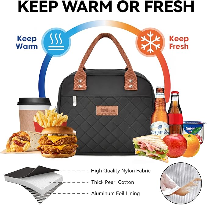 HOMESPON Insulated Lunch Bag for Women Men Adults Lunch Tote with Front Pocket Lunch Box Container Cooler Bag for Work Picnic (Black)
