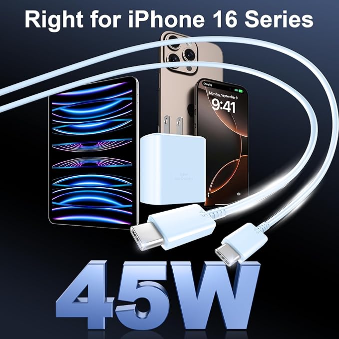 Phone 16 Pro Max Charger Fast Charging, 45W USB C Phone 16 Super Fast Charger Block with 10ft Long Type C Charging Cable Cord for Phone 16/16 Pro/16 Pro Max/16 Plus, 15/15 ProMax/Pro/Plus-White+Blue