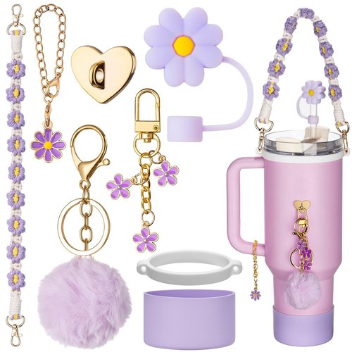 Stanley Cup Accessories with Handle Strap - Including Straw Topper, Water Bottle Strap, Silicone Stanley Boot, Cute Keychain Charms for Stanley 30oz 40oz Tumbler with Handle