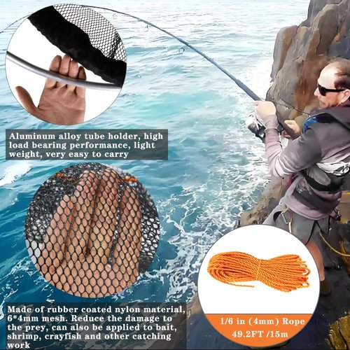 Drasry High Load-Bearing Aluminum Ring Bridge and Pier Fishing Net Rubber Coating Landing Net Foldable Drop Net for Saltwater Freshwater Pier Fishing Baskets 49.2 FT Rope（23.6 * 23.6 * 27.5 in）