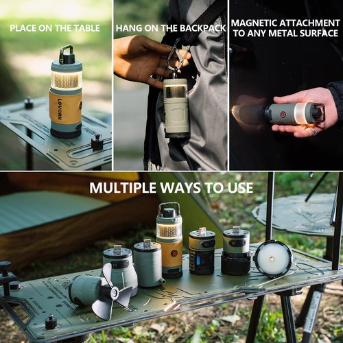 LOVORK 7-in-1 Modular Camping Lantern Rechargeable, 5000mAh, 500LM, IPX4 Waterproof, Fan, Bluetooth, Multi-Function Portable Flashlight, Camping Essentials Set for Emergency, Hiking, Fishing (Green)