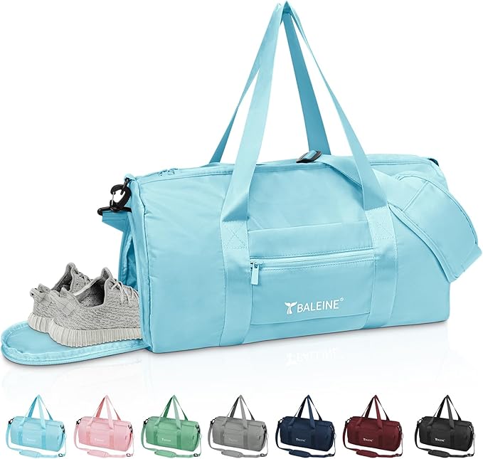 BALEINE Gym Duffel Bag for Women and Men, Small for Sports, Gyms and Weekend Getaway, Waterproof Dufflebag with Shoe and Wet Clothes Compartments, Lightweight Carryon Gymbag (Azure)