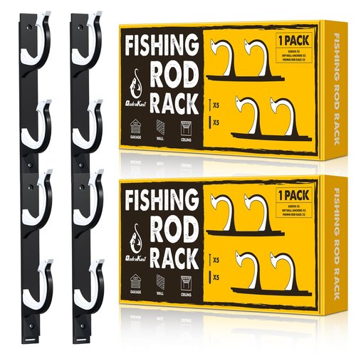 QudraKast Horizontal Fishing Rod Holder for Garage Wall Ceiling Mount - Fishing Pole Holders Fishing Rod Rack Holds Up to 4 Rods or Combos, Ideal Fishing Gift (2pack)