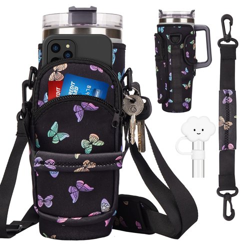 Water Bottle Holder Carrier Bag with Large Phone Pocket,Neoprene Water Bottle Carrier with Strap for Stanley 40 OZ Tumbler, Wrap Around Drink Purse Cup Holder with Straw Cover Accessories