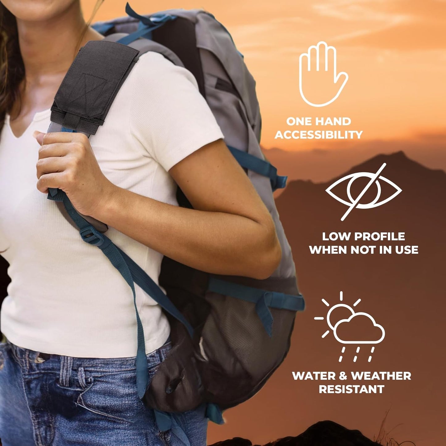 Phone Holster with Clip - Hook Loop Nylon Cellphone Holster Compact Pouch, Backpack Shoulder Strap Accessory Pouch - Multifunctional Black StrapPack Pouches for Hikers, Travelers & Commuters