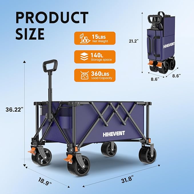 Collapsible Wagon Cart, 360LBS Heavy Duty Foldable Beach Wagon with Wider Wheels, Utility Grocery Shopping Cart for Garden, Camping, Sports, Navy Blue
