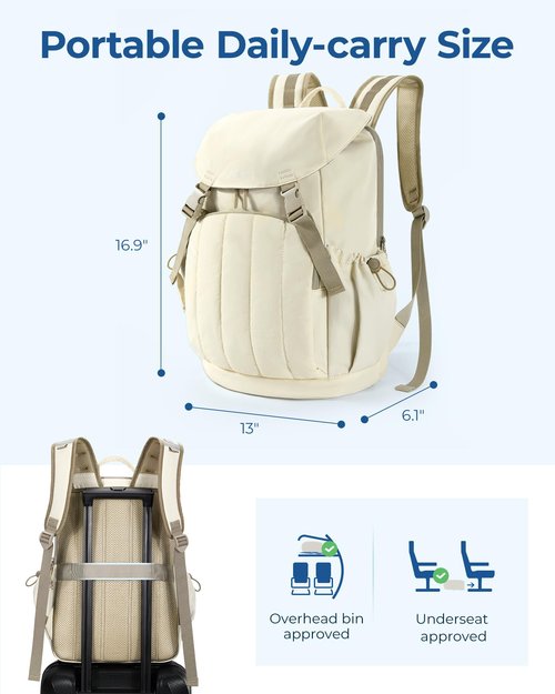 BAGSMART Backpack for Women, Wide Opening Travel Backpack, College Backpack for 15.6 Inch, Water-Resistant Quilted Daypack Lightweight Bookbag, Beige