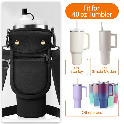 AceTreker 40/30 oz Stanley Cup Sleeve Bag with Paracord Handle, Neoprene Stainless Steel Travel Tumbler Holder with 2 Pockets, Metal Coffee Mug Sling with Straw Cover for Walking Driving Gym-Black