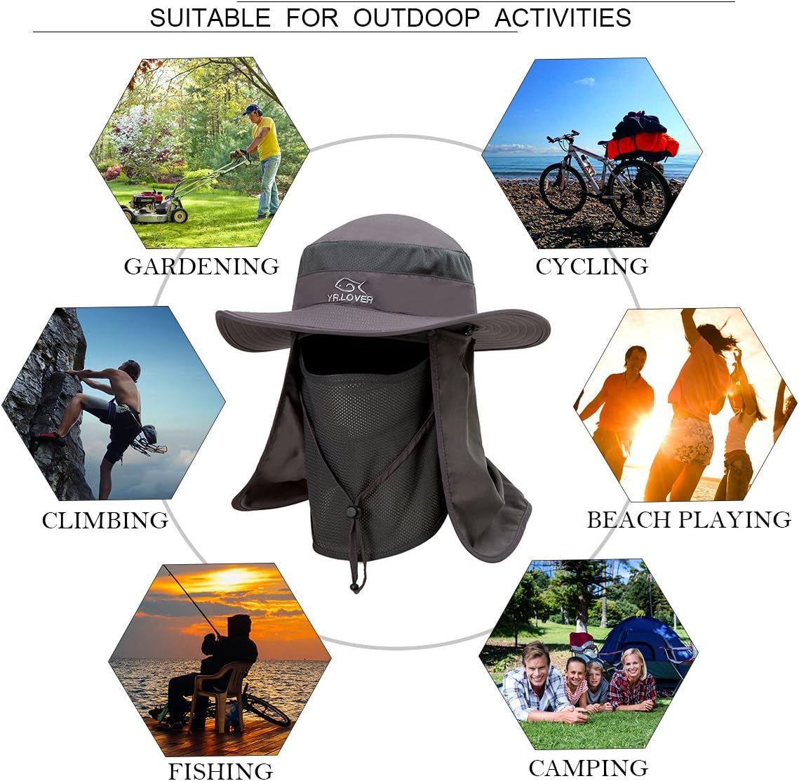 YR.Lover Outdoor UV Sun Protection Wide Brim Fishing Cap with Removable Flap