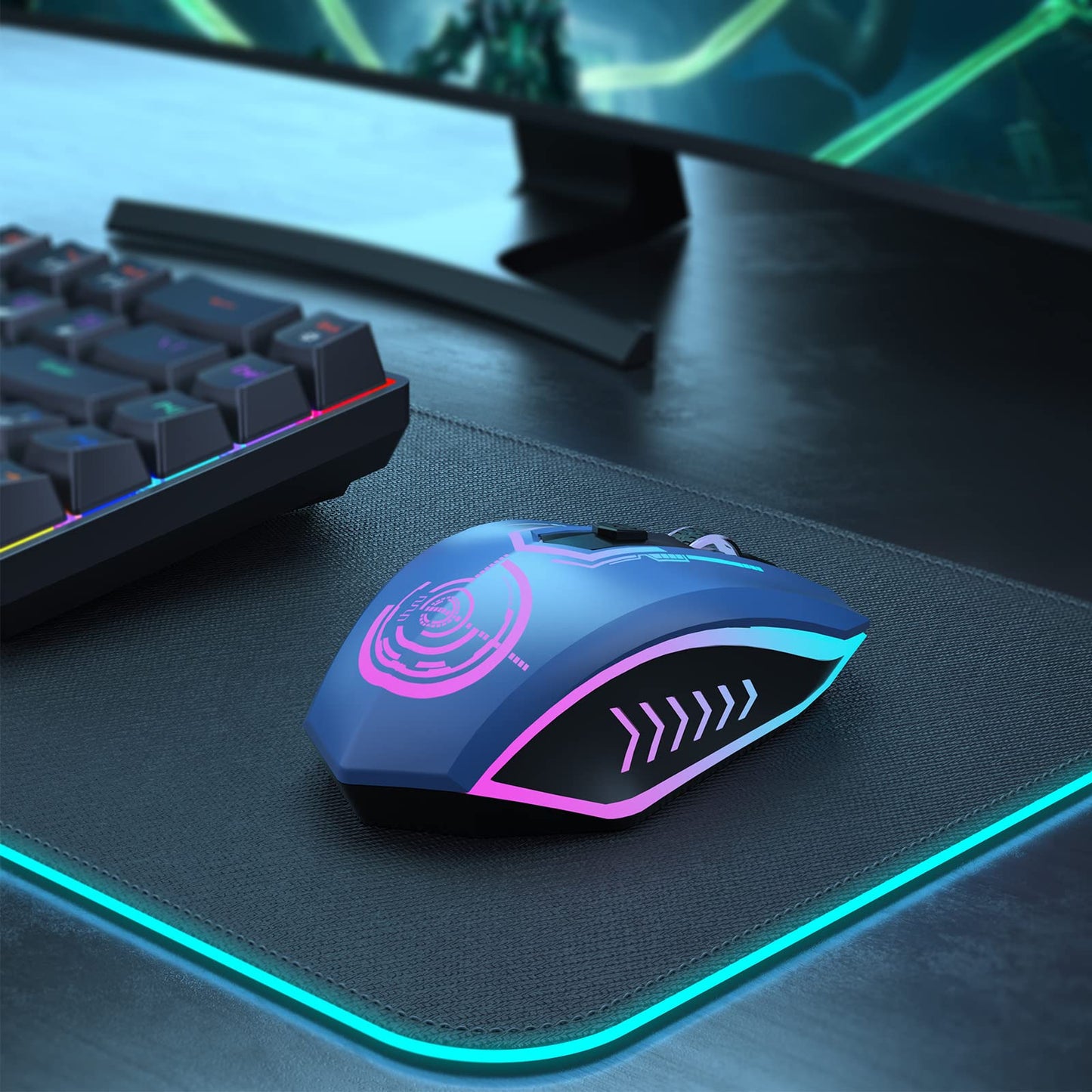 UHURU Wireless Gaming Mouse Up to 12000 DPI, Rechargeable USB-C Wireless Mouse with 7 Buttons 7 Dynamic LED Color Ergonomic Programmable MMO RPG for PC Laptop, Compatible with Windows Mac