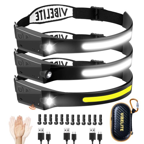 VIBELITE 3PCS Rechargeable Headlamp Flashlight, 230°Wide Beam Headlight with Motion Sensor, 5Mode Headlamps for Forehead, Waterproof Head Light for Camping, Running, Hiking