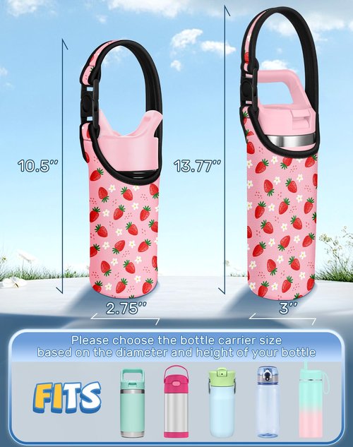 Miss Adola Water Bottle Carrier with Strap - Handheld Kids Water Bottle Holder for 10-16 oz Cute Cartoon Design Neoprene Crossbody Bottle Sling Bag for Girls for Insulated Drink Bottle, Strawberry