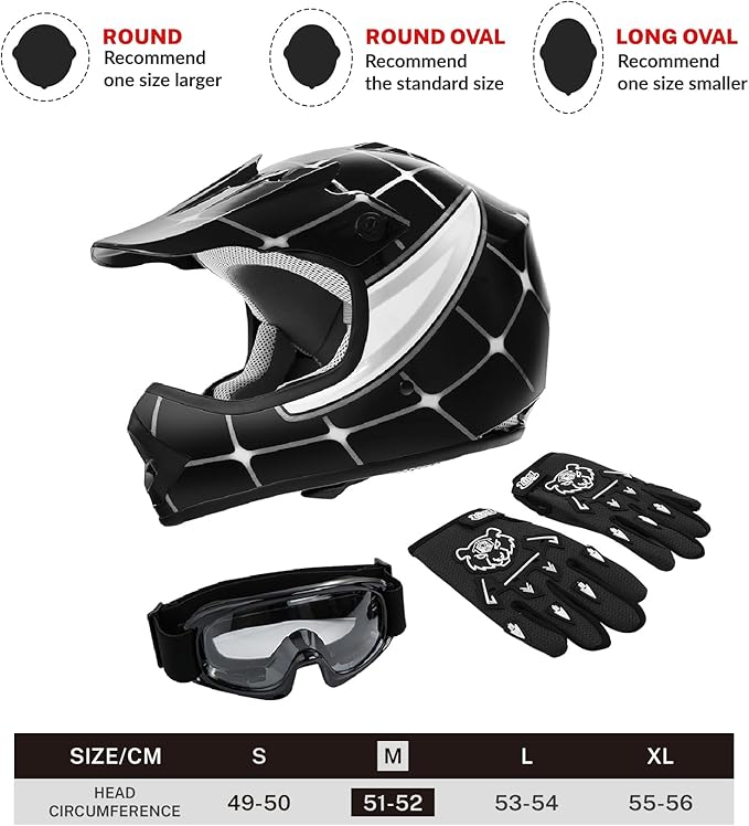 TCT-MOTORPARTS DOT Youth Kids Motocross ATV Helmets Offroad Street Dirt Bike Go-Kart BMX MX Full Face Helmet Black Spider Medium Size