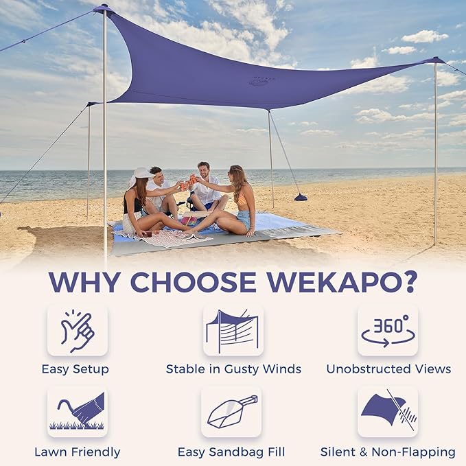WEKAPO Beach Tent Sun Shelter - Easy Setup Beach Canopy with 4 Sturdy Poles, Large Sandbags and Shovel, 6'7'' Tall, Windproof Sun Shade for Backyard and Camping, UPF 50+ Protectio