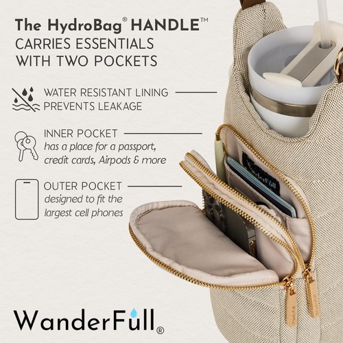 WanderFull HydroBag® HANDLE, Zipper for Handle, 40 oz Water Bottle Holder w/Strap, Crossbody Water Bottle Carrier Bag w/Phone Pocket, Tumbler Accessories - Oatmeal Canvas w/Vegan Leather Trim Strap
