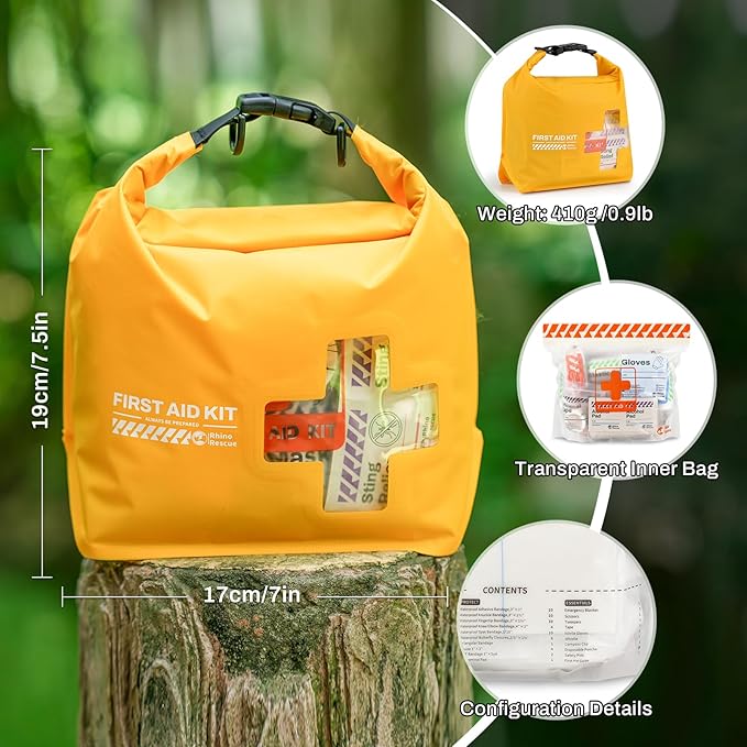 RHINO RESCUE Waterproof First Aid Kit, Lightweight Boat Dry Bag, Emergency Survival Supplies for Outdoor Kayak Floating Swimming & Camping FSA HSA Eligible (Green)