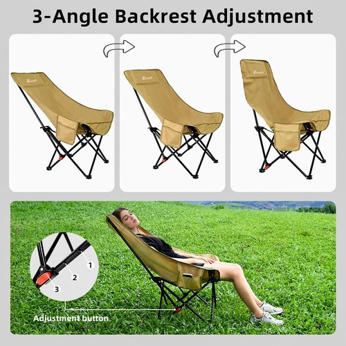 Zertylre Camping Chair for Adults, Portable Adjustable Folding Chairs Set with Side Pockets for Outdoors Fishing, Hiking, Backpacking, Picnic, Beach, Travel, Supports to 300lbs, & Storage Bags (Khaki)