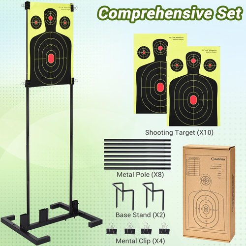 Adjustable Shooting Target Stand Set With 10 Paper Targets, Two Mounting Options for Outdoors, Stable Holder With Metal Poles and Ground Nails (Black)