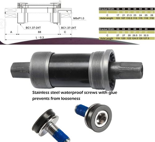 English Square BB Bike Bottom Bracket Set,Square Taper, Aluminum (Black-68x120mm)